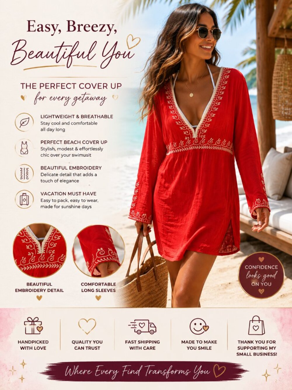 Red Embroidered V-Neck Tunic - Picture 3 of 10